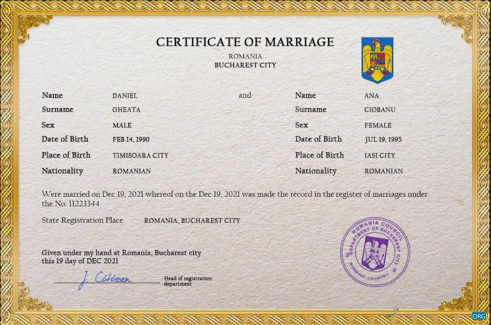 Download Romania marriage certificate PSD template, fully editable Photoshop template
